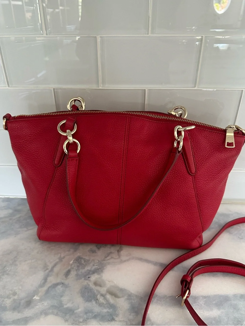 Coach Vibrant Red Soft  Pebbled Kelsey Leather Tote with Charm and Strap